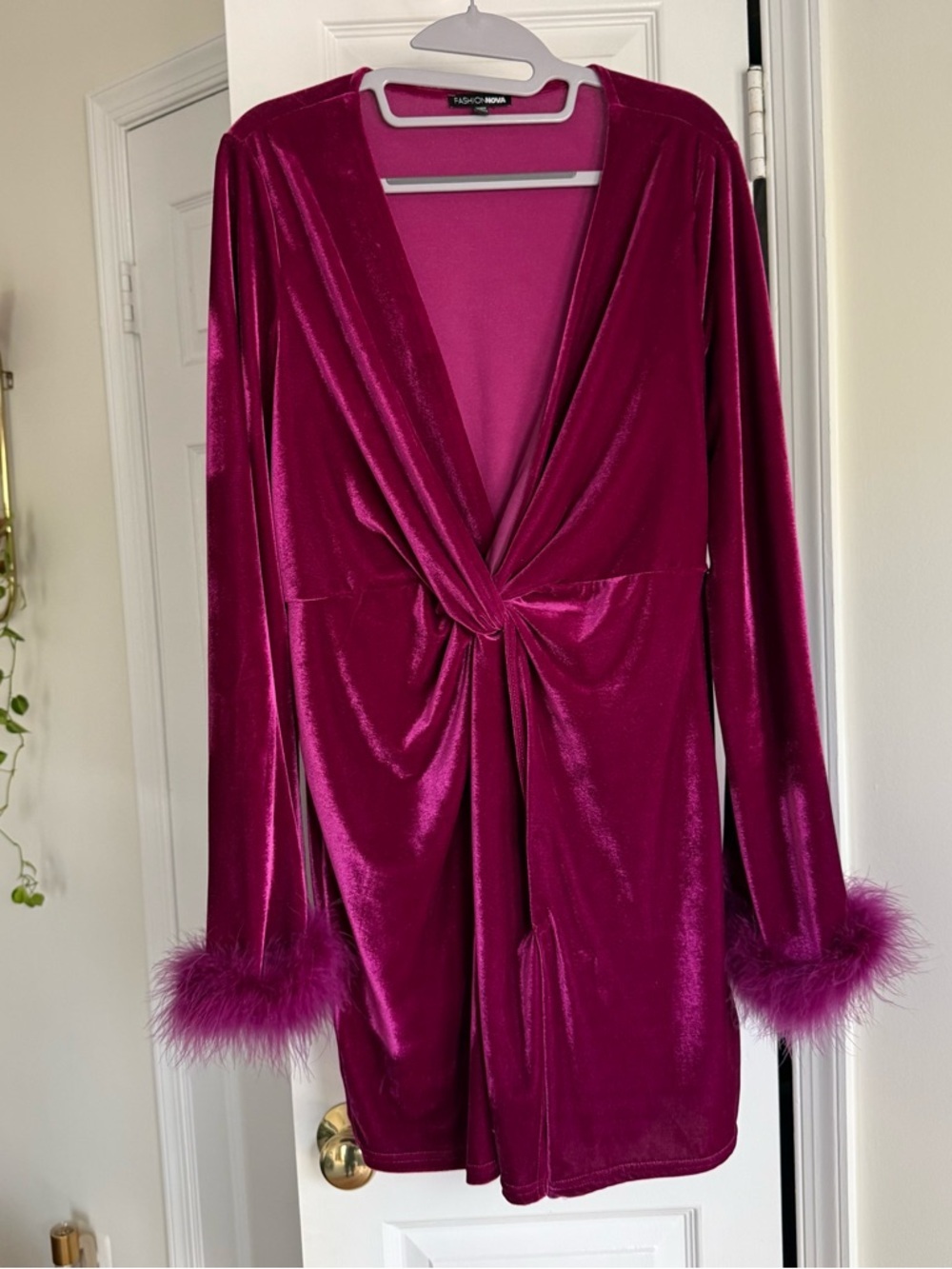 Fashion Nova Fuchsia Velvet Mini Dress with Feather Cuffs